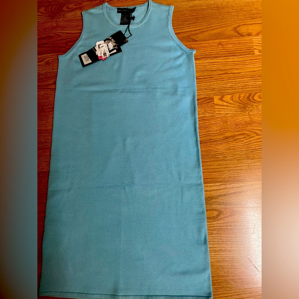 Andrea Jovine Blue Sheath Midi Dress Mock Neck Sleeveless